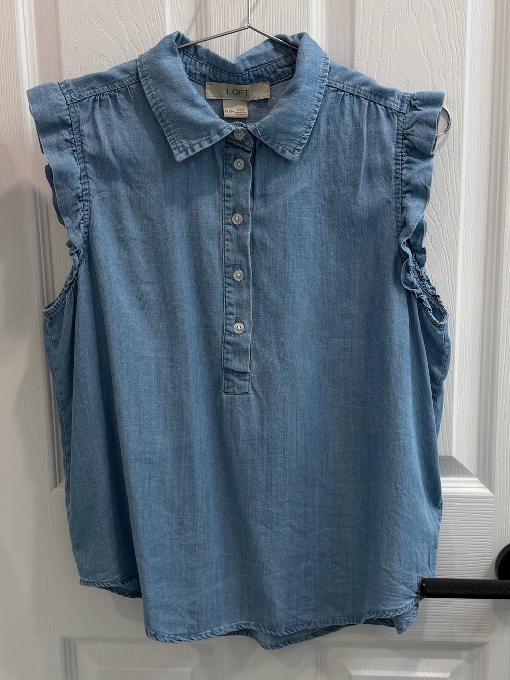 LOFT Light Blue Sleeveless Ruffle-Trim Chambray Button Popover